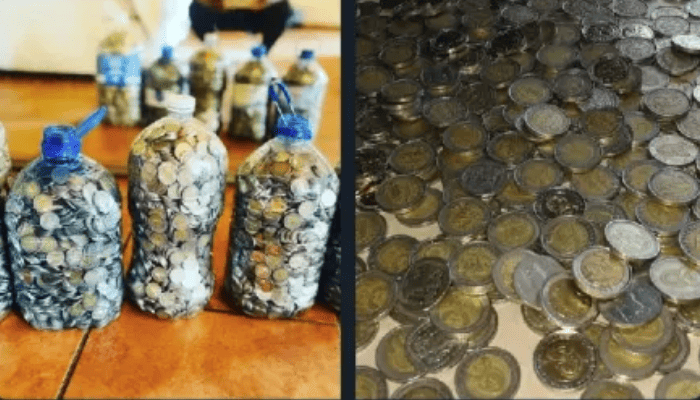 A YOUNG MAN SHARED A PICTURE OF THE COINS HE SAVED SINCE JANUARY IN PLASTIC BOTTLES